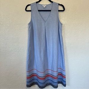 J. Jill Love Linen Midi Striped Blue Sleeveless V Neck Dress with Pockets Medium